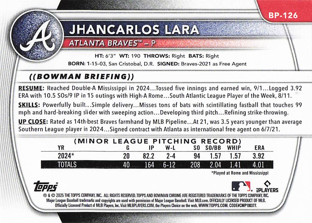2025 Bowman Baseball Prospects Jhancarlos Lara #BP-126