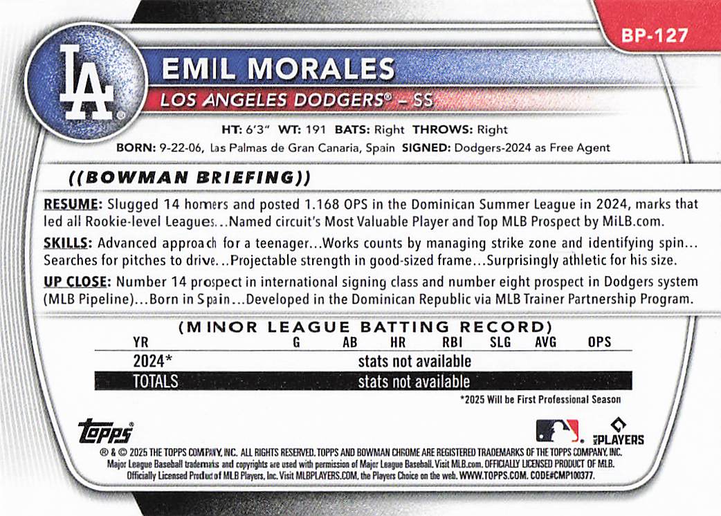 2025 Bowman Baseball Prospects Emil Morales #BP-127