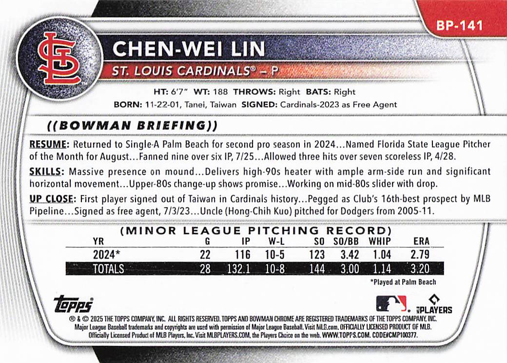 2025 Bowman Baseball Prospects Chen-Wei Lin #BP-141
