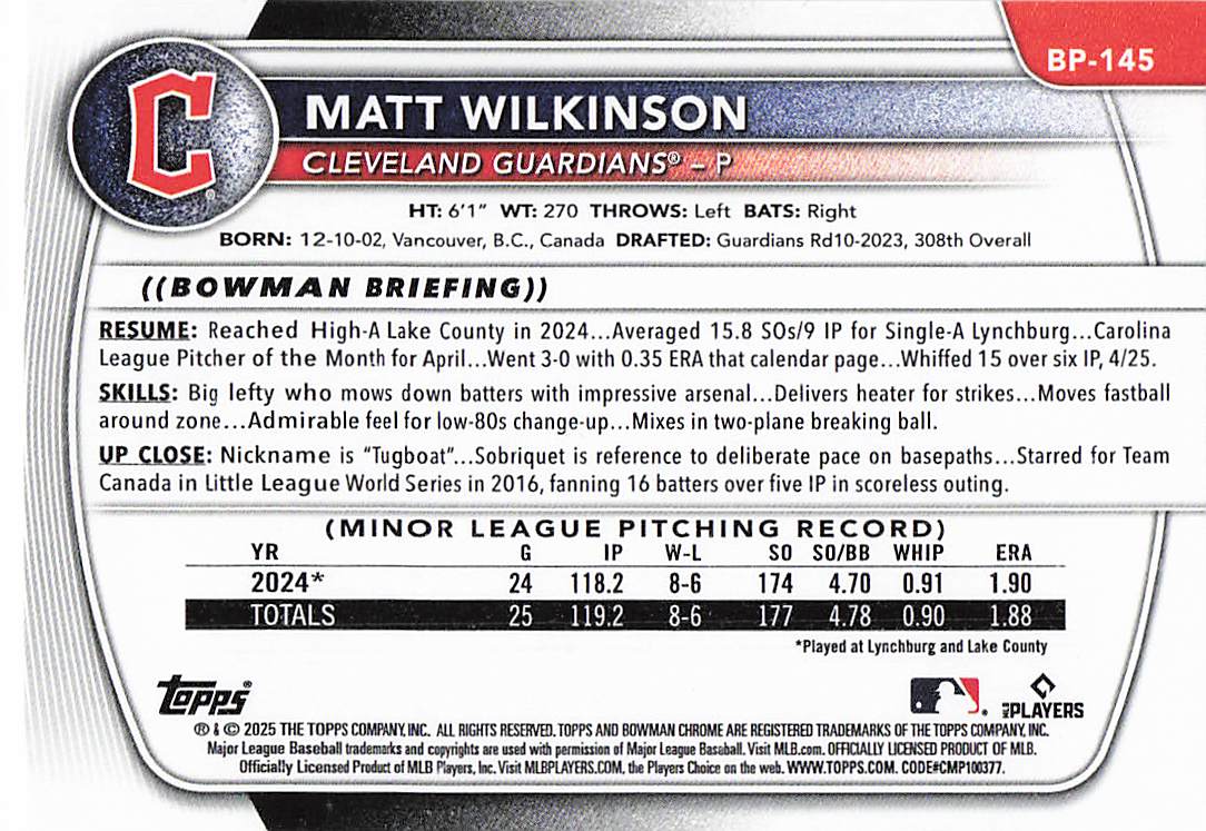 2025 Bowman Baseball Prospects Matt Wilkinson #BP-145