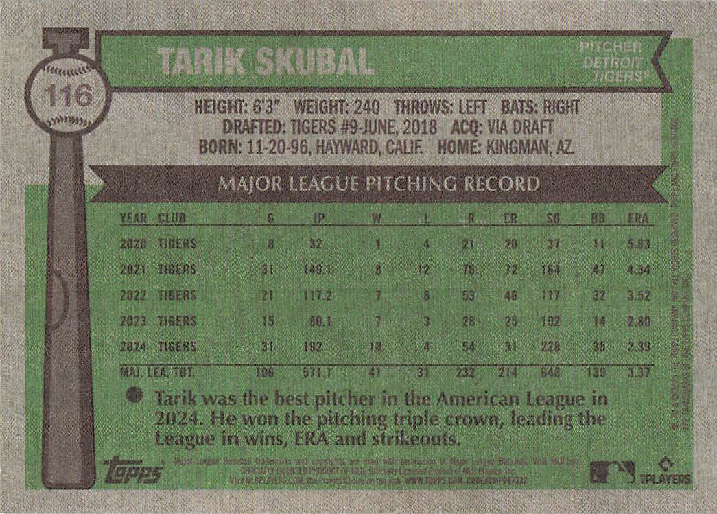 2025 Topps Heritage Baseball Tarik Skubal #116
