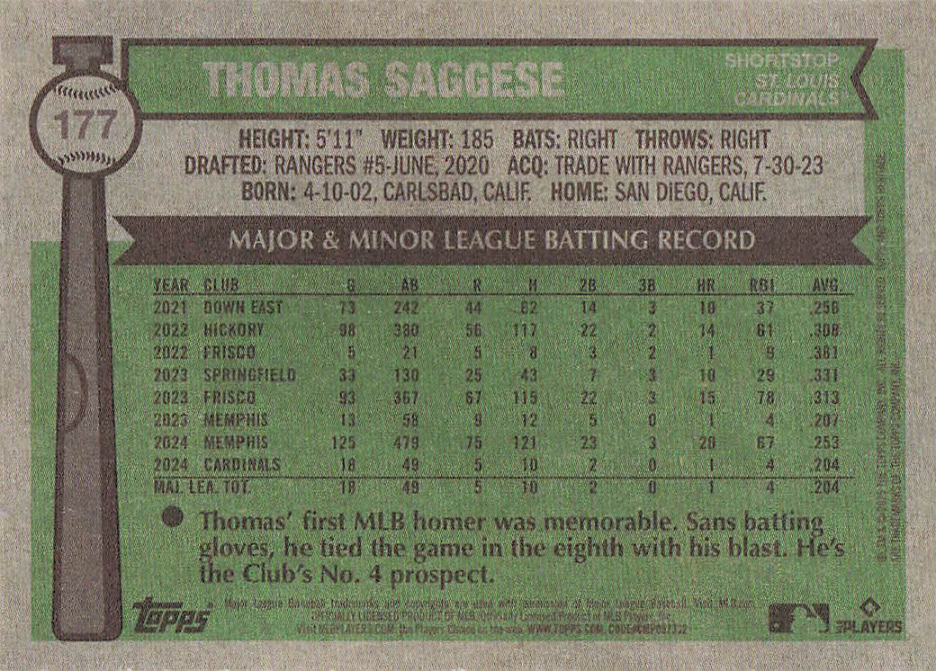 2025 Topps Heritage Baseball Thomas Saggese #177 Rookie