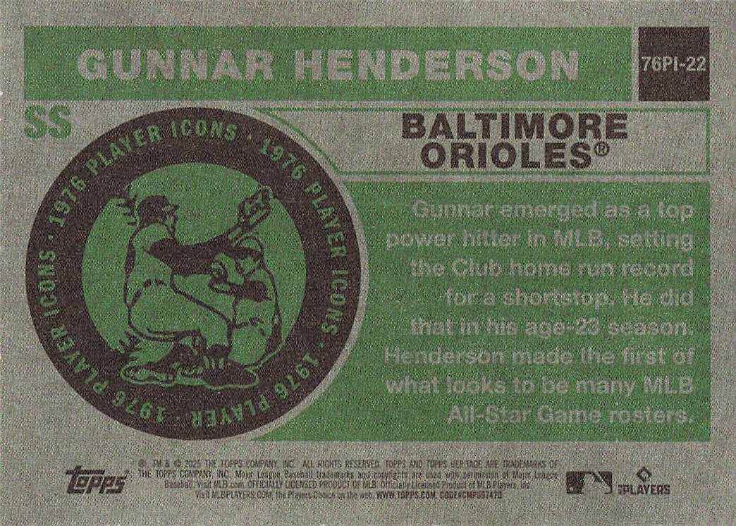 2025 Topps Heritage Baseball 1976 Player Icons Gunnar Henderson #76PI-22