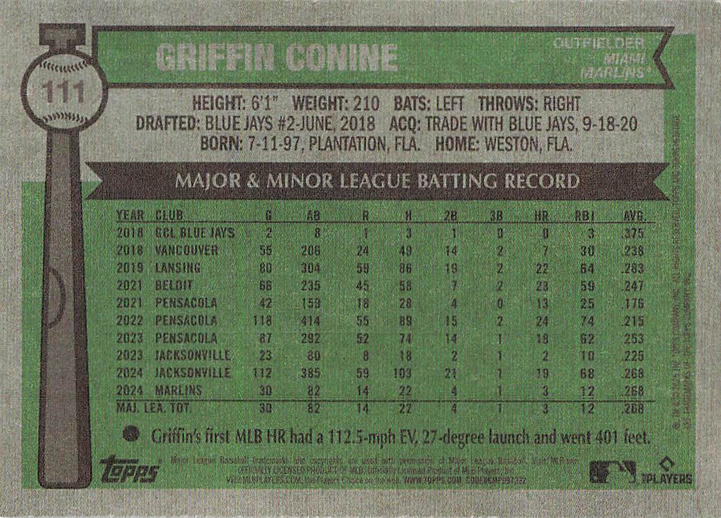 2025 Topps Heritage Baseball Dark Green Griffin Conine #111 Rookie