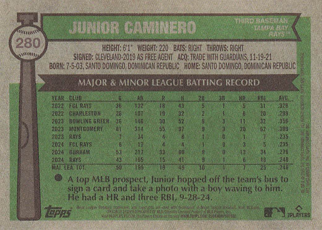 2025 Topps Heritage Baseball Junior Caminero #280