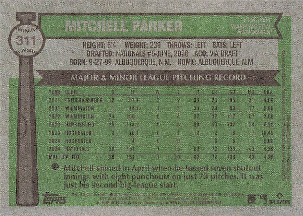 2025 Topps Heritage Baseball Mitchell Parker #311