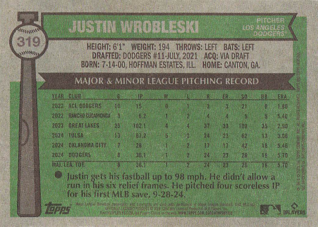 2025 Topps Heritage Baseball Justin Wrobleski #319 Rookie