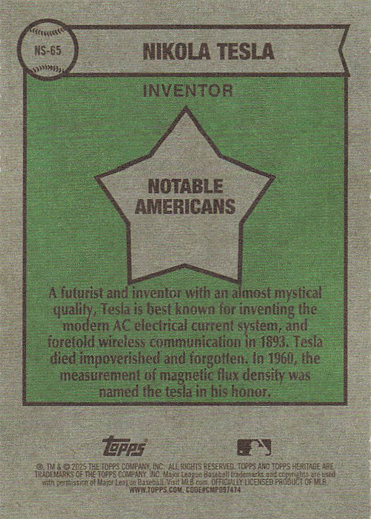 2025 Topps Heritage Baseball Notable Americans Nikola Tesla #NS-65