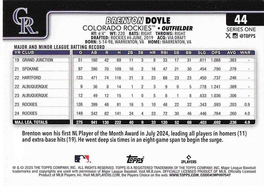 2025 Topps Baseball Pink Holo Foil Brenton Doyle #44