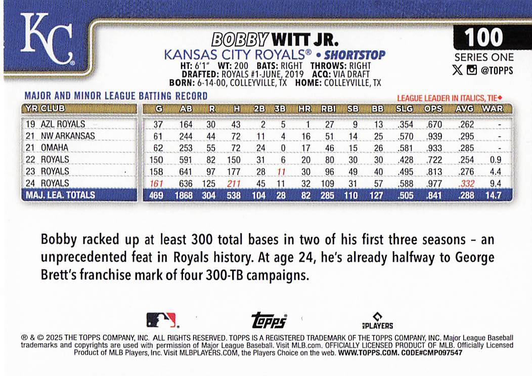 2025 Topps Baseball Rainbow Foil Bobby Witt Jr. #100