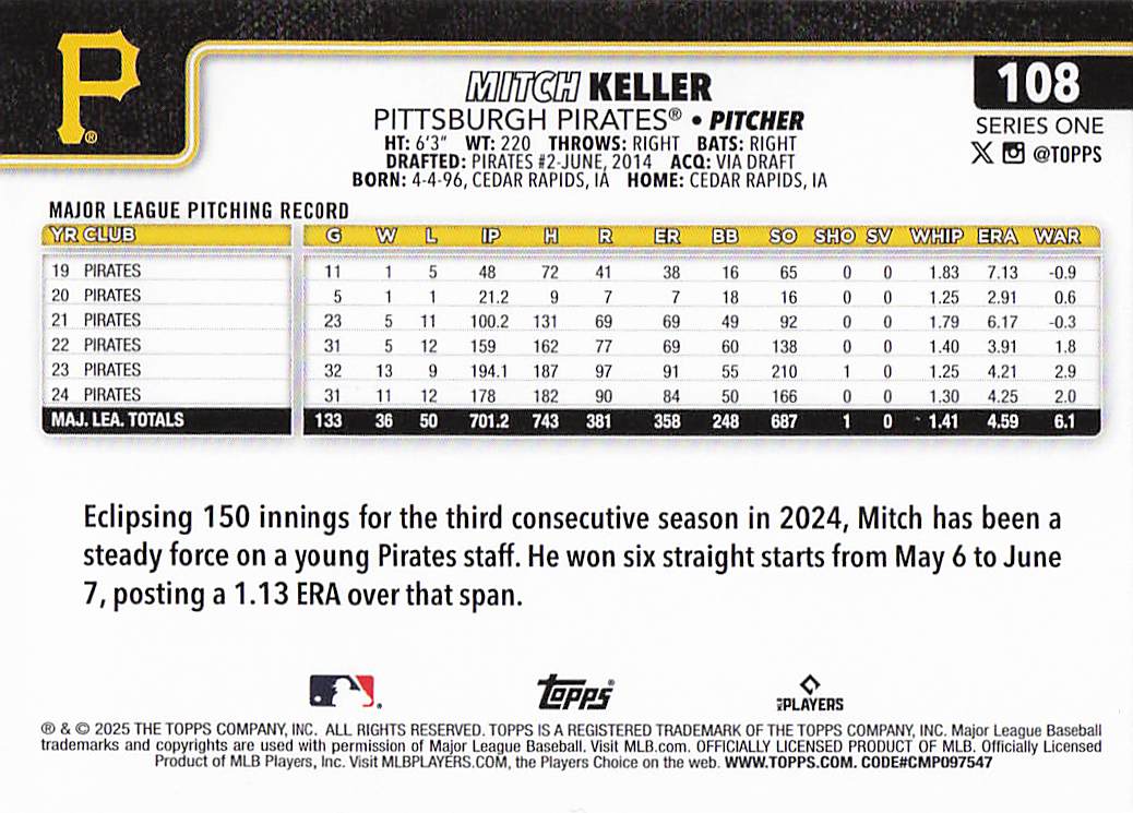 2025 Topps Baseball Spring Training Mitch Keller #108