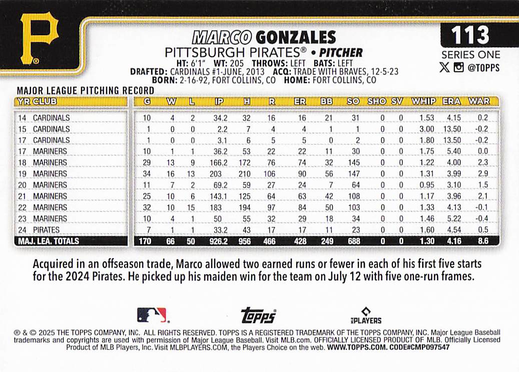 2025 Topps Baseball Spring Training Marco Gonzales #113
