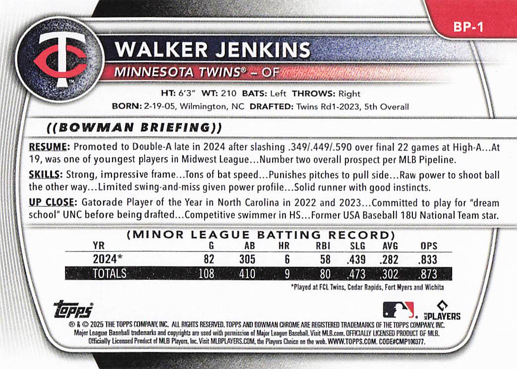 2025 Bowman Baseball Prospects Walker Jenkins #BP-1