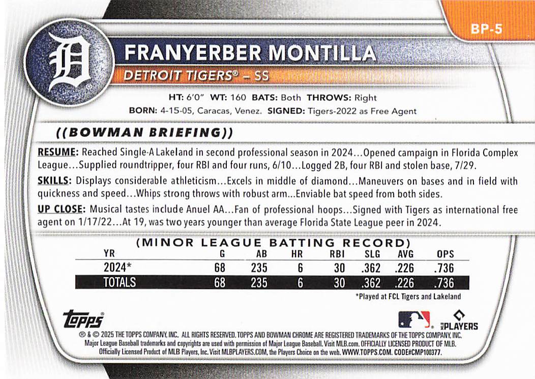 2025 Bowman Baseball Franyerber Montilla #BCP-5