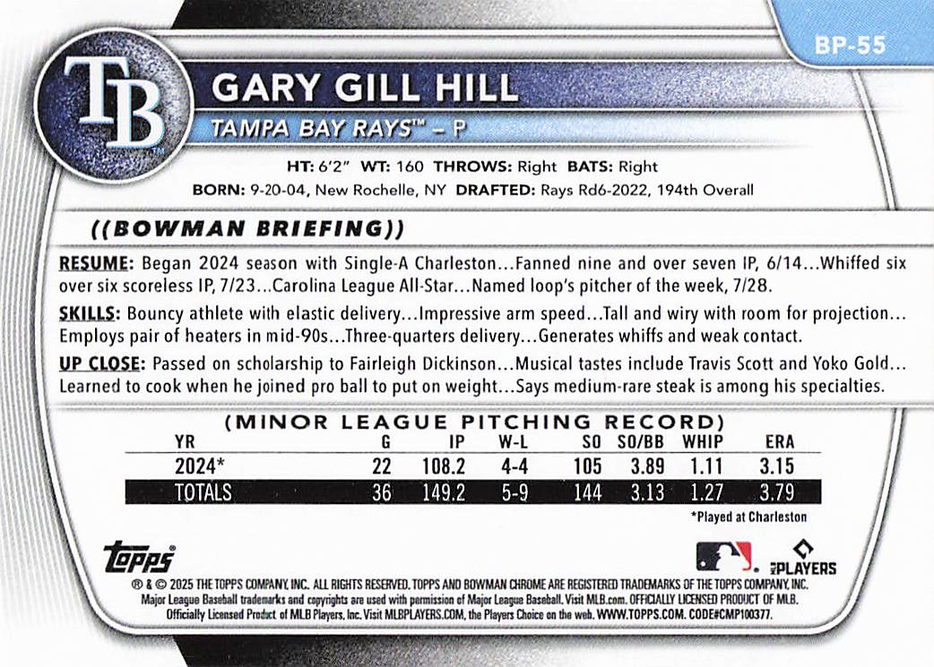 2025 Bowman Baseball Gary Gill Hill #BCP-55