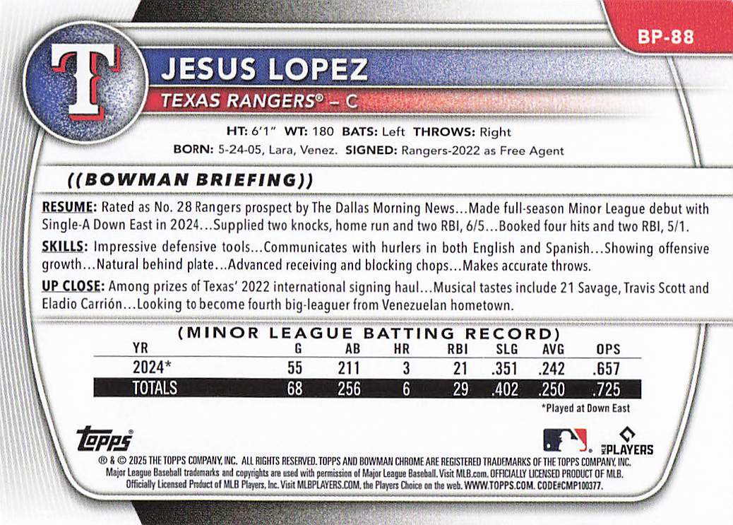 2025 Bowman Baseball Prospects Jesus Lopez #BP-88