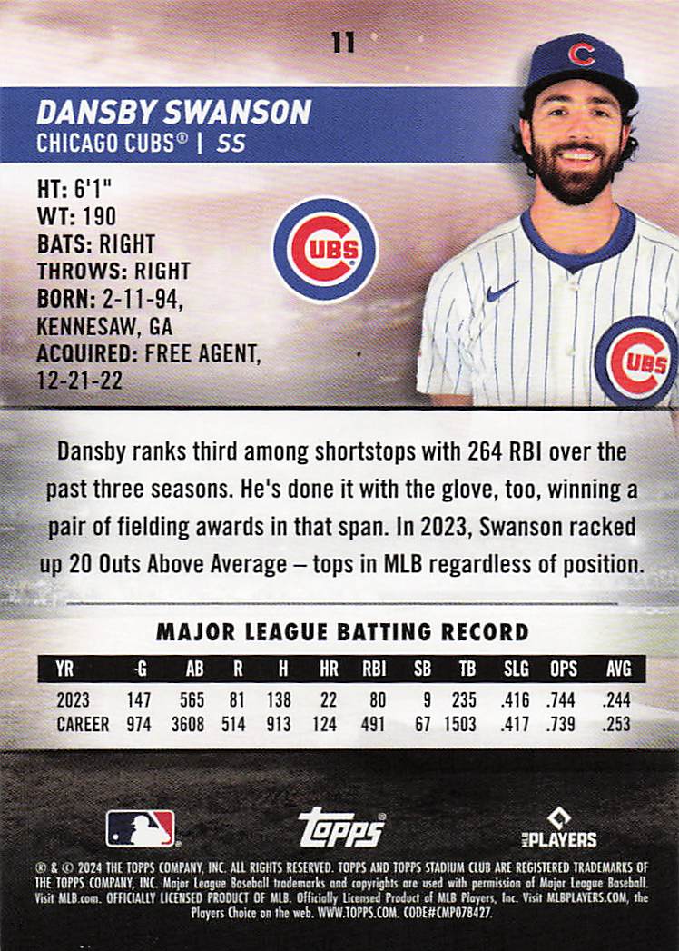 2024 Stadium Club Baseball Black Foil Dansby Swanson #11