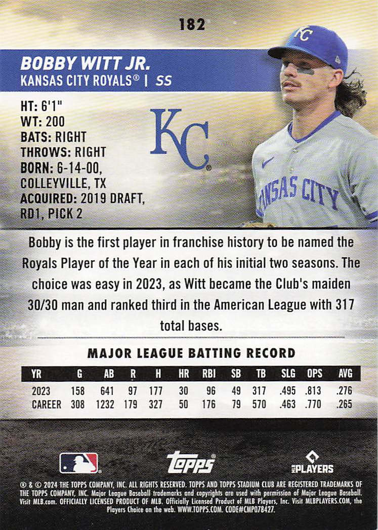 2024 Stadium Club Baseball Bobby Witt Jr. #182