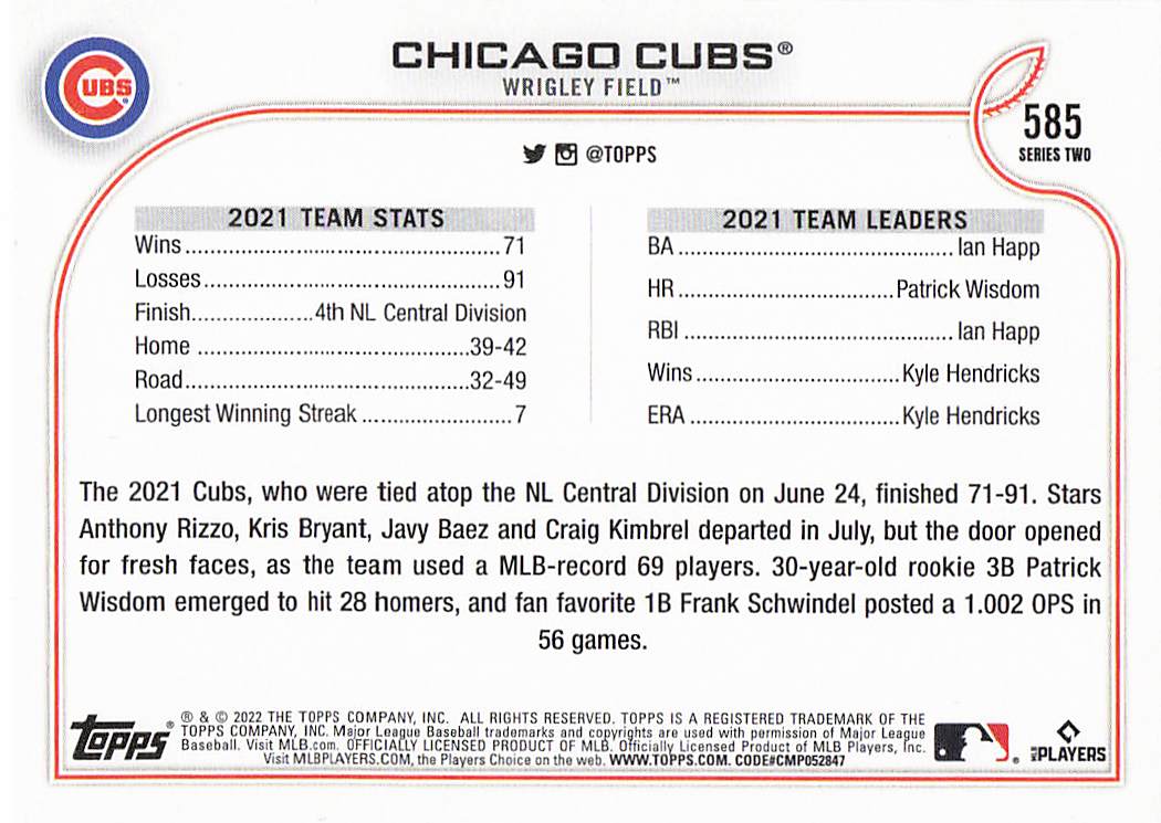 2022 Topps Baseball Chicago Cubs #585