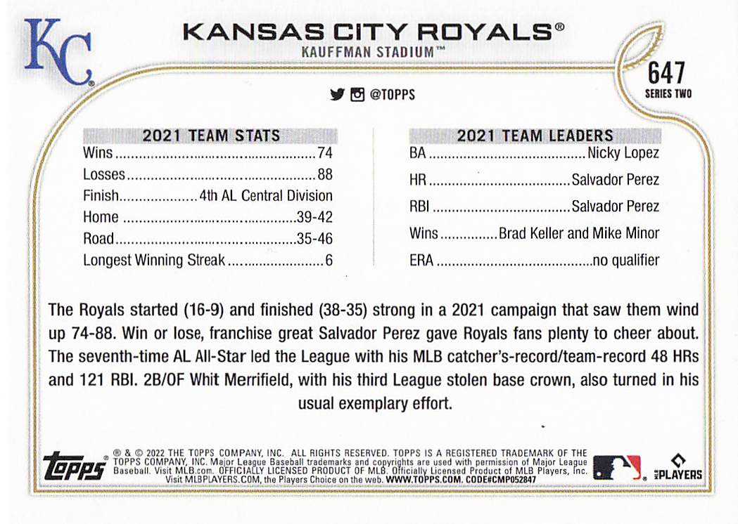 2022 Topps Baseball Kansas City Royals #647