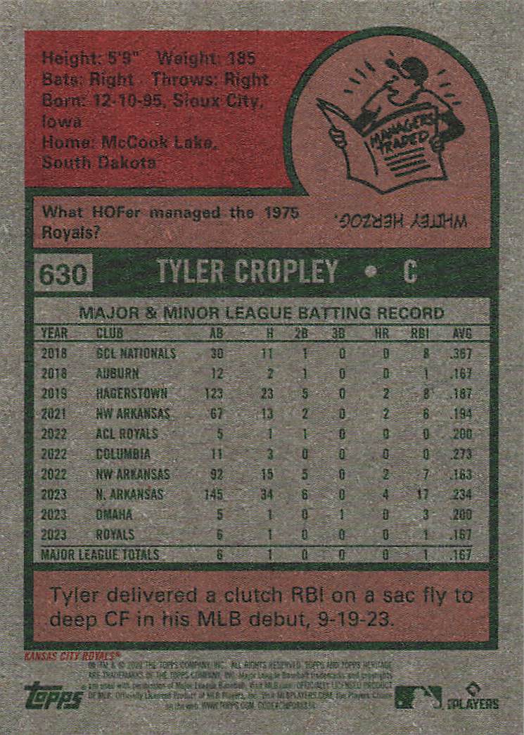 2024 Topps Heritage Baseball Tyler Cropley #630 Rookie