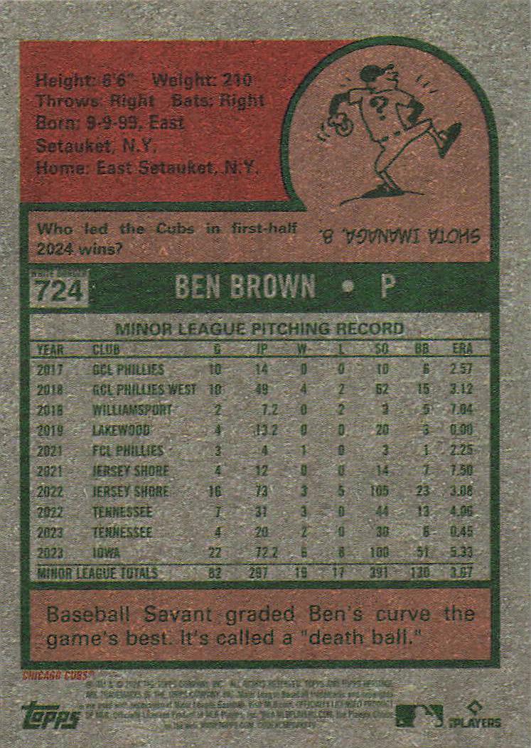 2024 Topps Heritage Baseball White Border Ben Brown #724 Rookie
