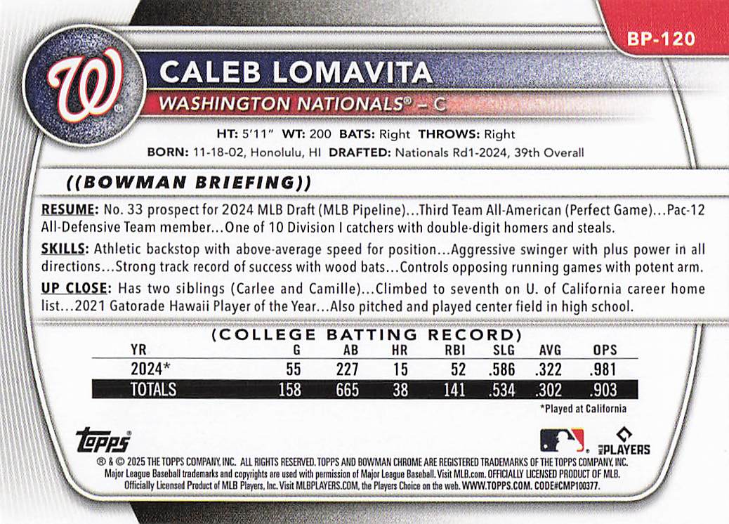 2025 Bowman Baseball Prospects Caleb Lomavita #BP-120
