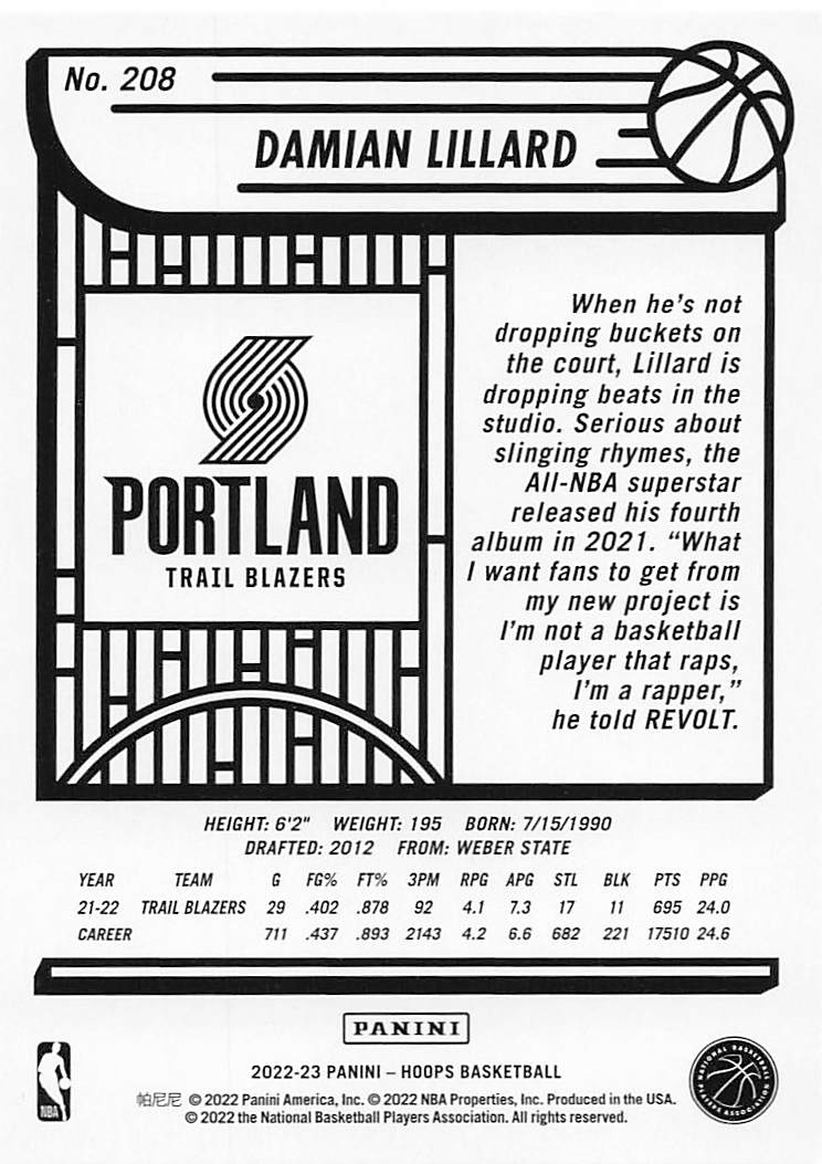 2022-23 Hoops Basketball Damian Lillard #208