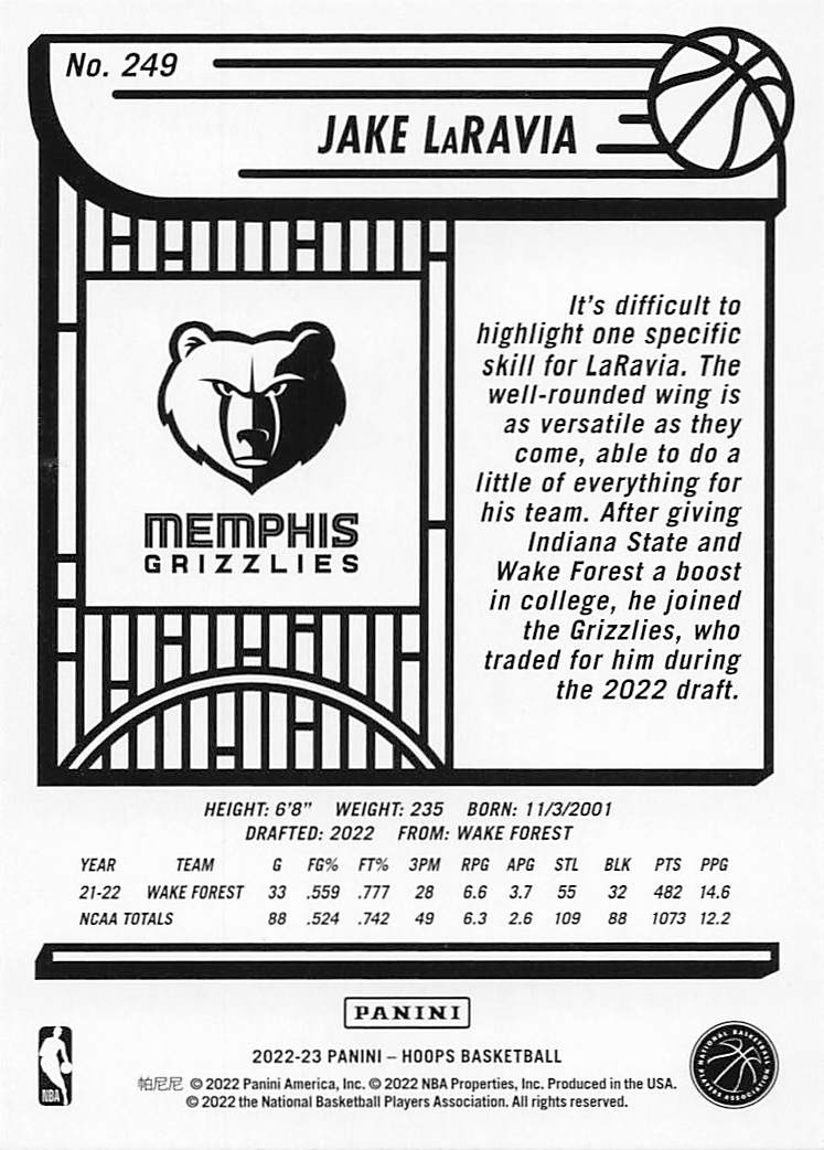 2022-23 Hoops Basketball Jake LaRavia #249 Rookie