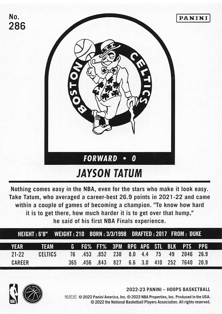 2022-23 Hoops Basketball Jayson Tatum #286