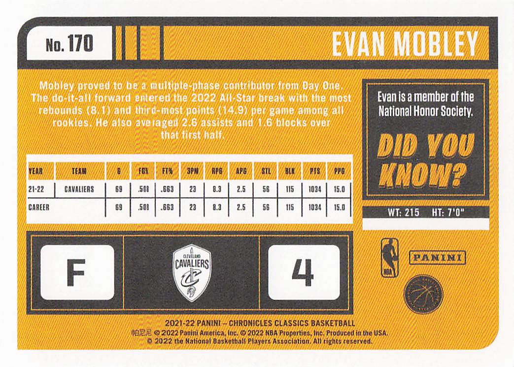 2021-22 Panini Chronicles Basketball Evan Mobley #170 Rookie