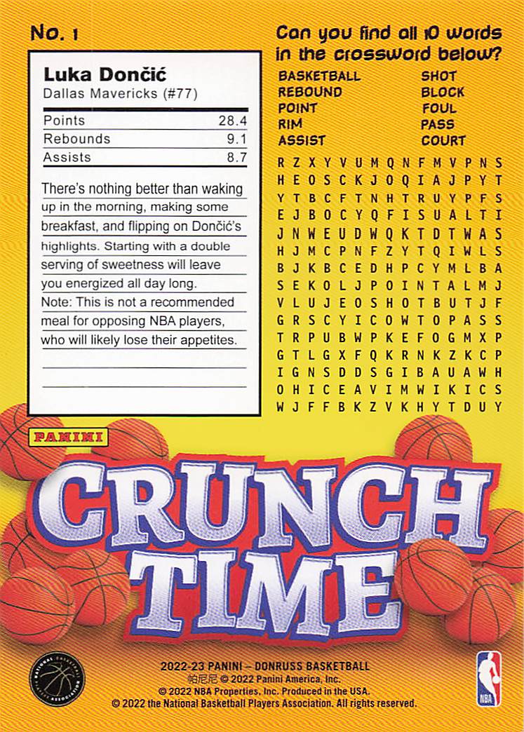 2022-23 Donruss Basketball Crunch Time Press Proof Luka Doncic #1