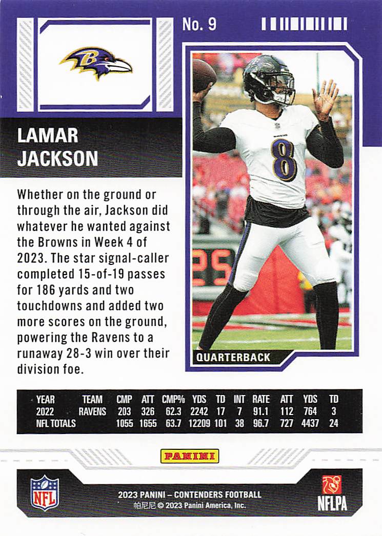 2023 Panini Contenders Football Season Ticket Retail Lamar Jackson #9