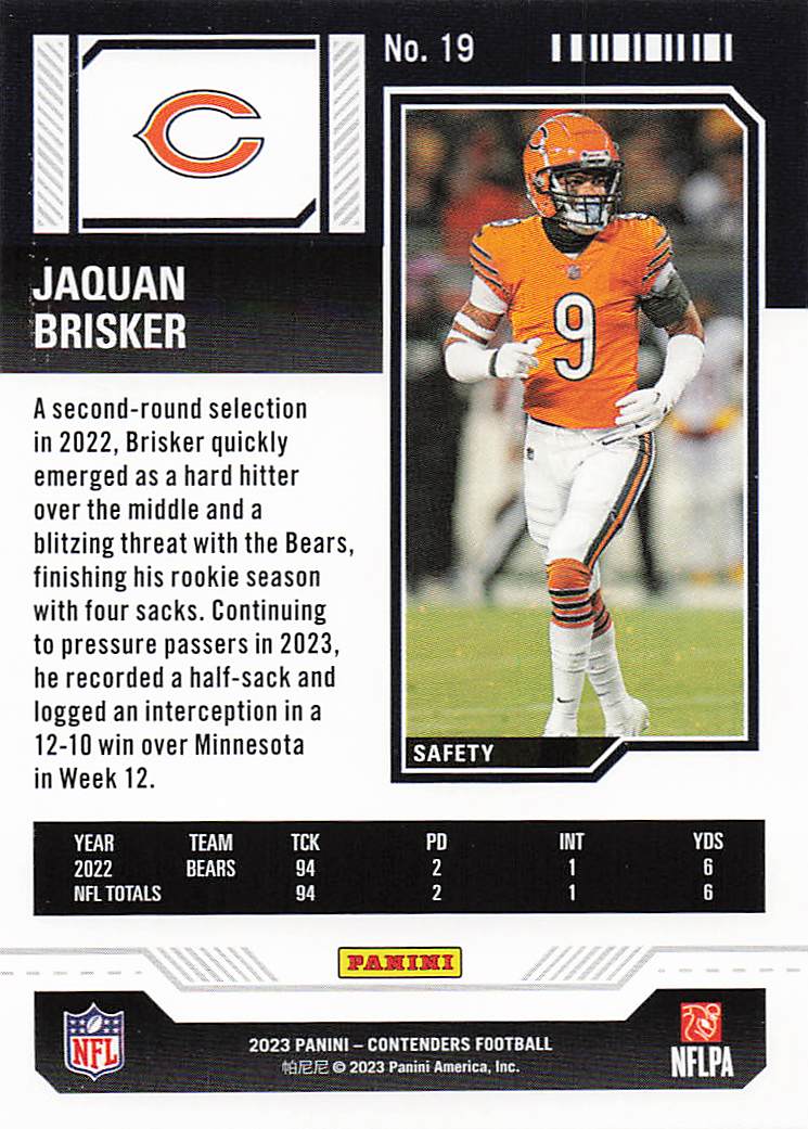 2023 Panini Contenders Football Season Ticket Retail Jaquan Brisker #19