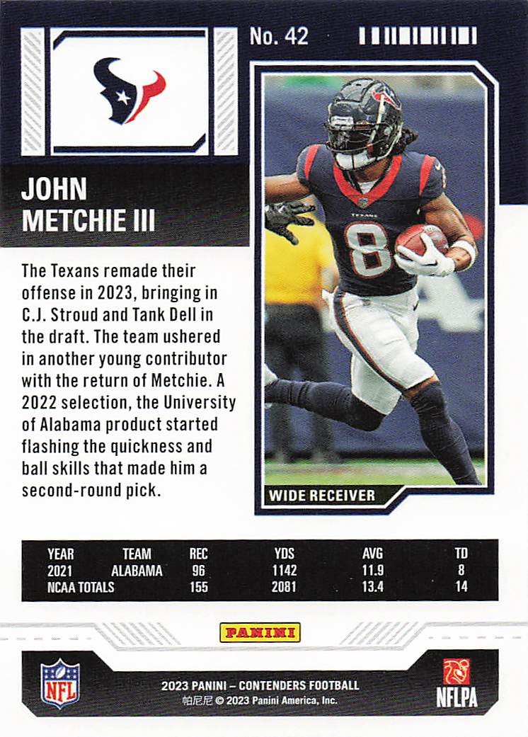 2023 Panini Contenders Football Season Ticket Retail John Metchie III #42