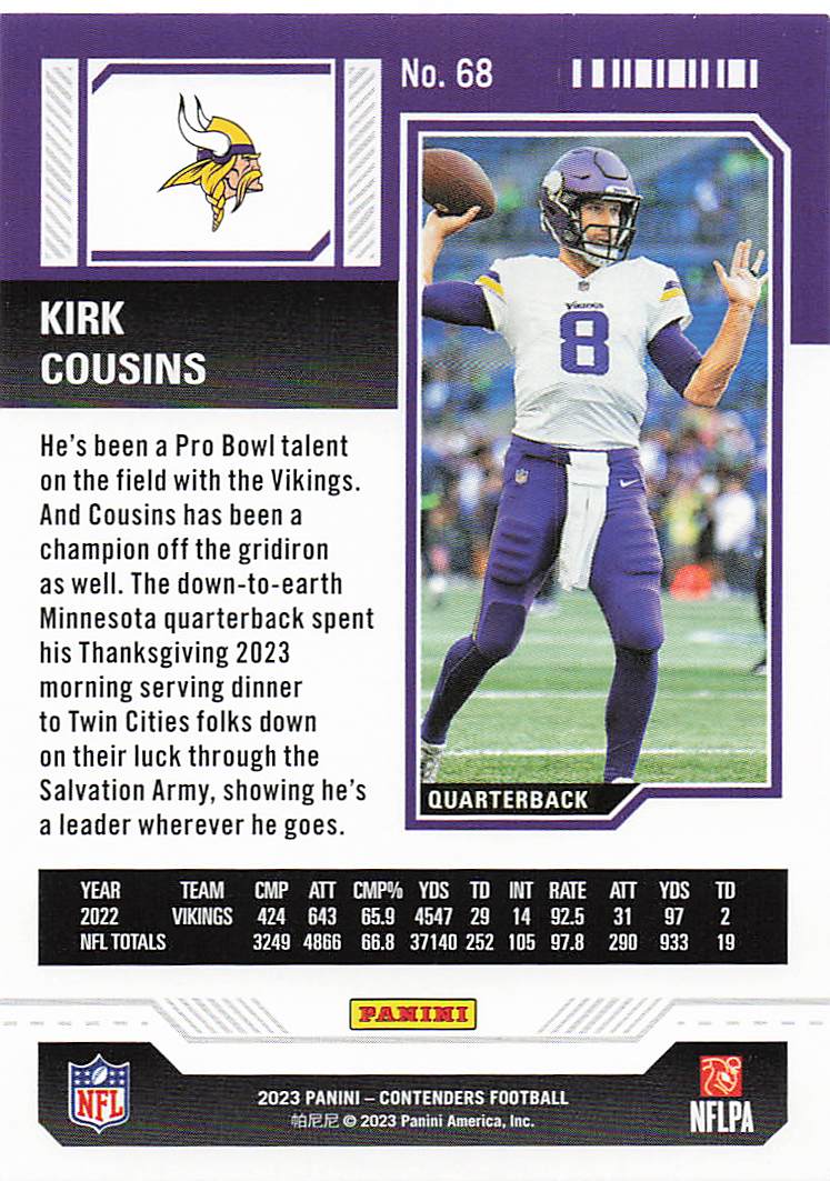 2023 Panini Contenders Football Season Ticket Retail Kirk Cousins #68