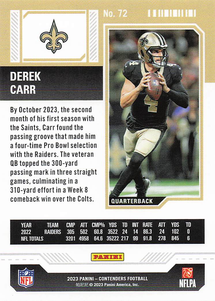2023 Panini Contenders Football Season Ticket Retail Derek Carr #72