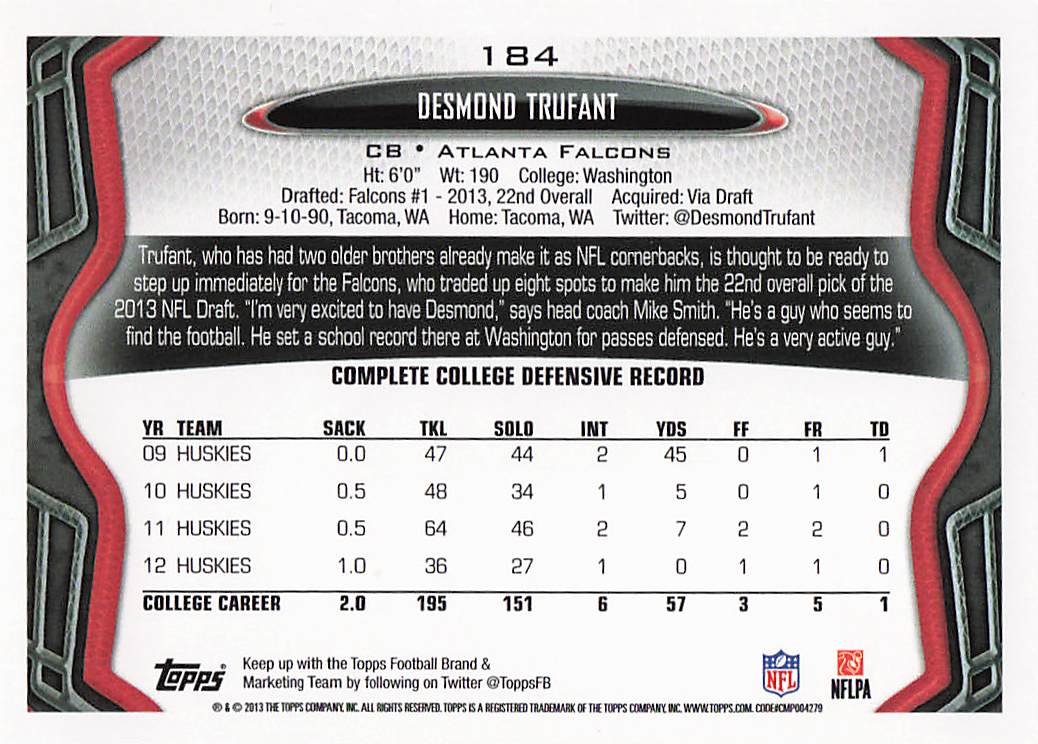 2013 Topps Football Desmond Trufant #184 Rookie