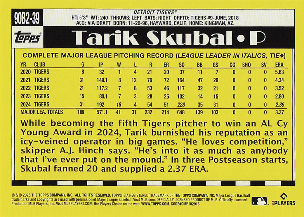 2025 Topps Baseball 1990 Topps Baseball 35th Anniversary Tarik Skubal #90B2-39