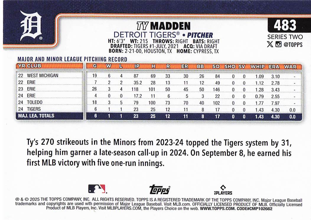2025 Topps Baseball Ty Madden #483 Rookie