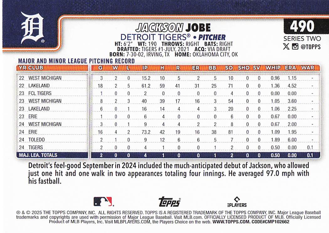 2025 Topps Baseball Jackson Jobe #490 Rookie