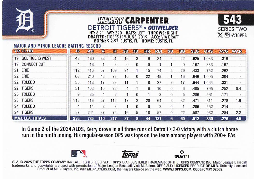 2025 Topps Baseball Kerry Carpenter #543