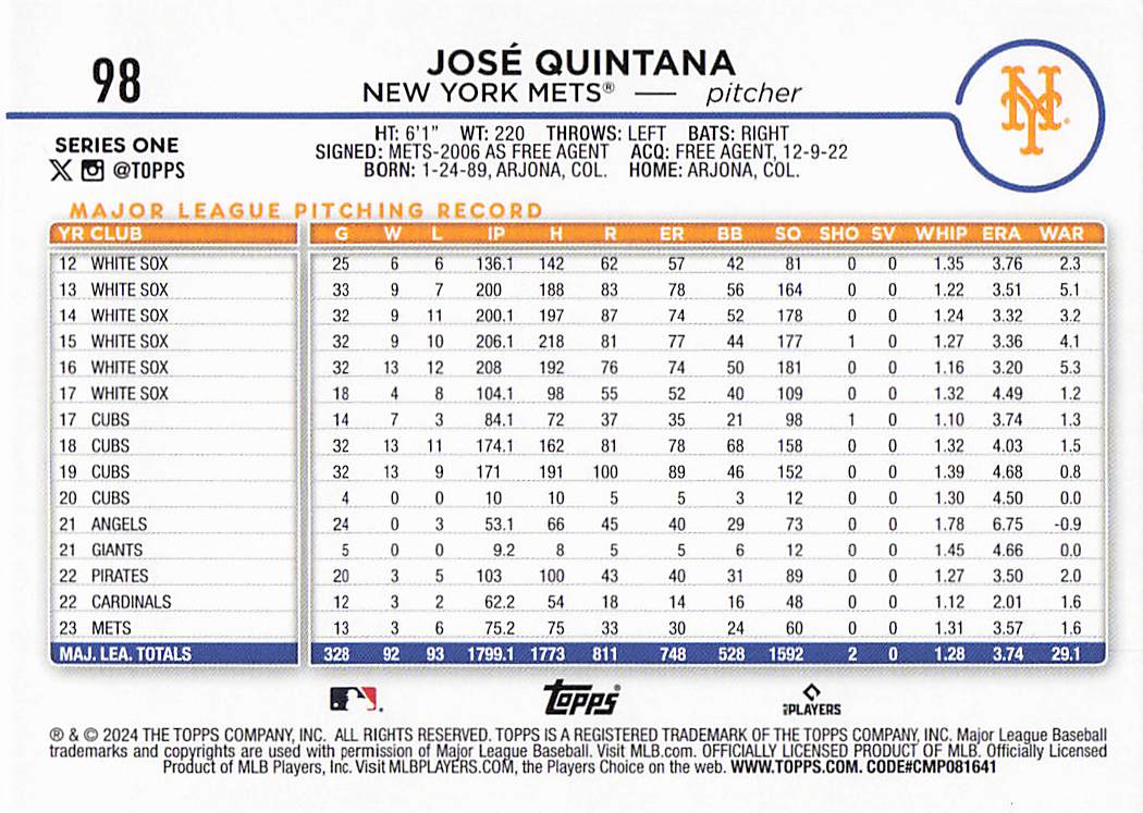 2024 Topps Baseball Holiday Eggs José Quintana #98