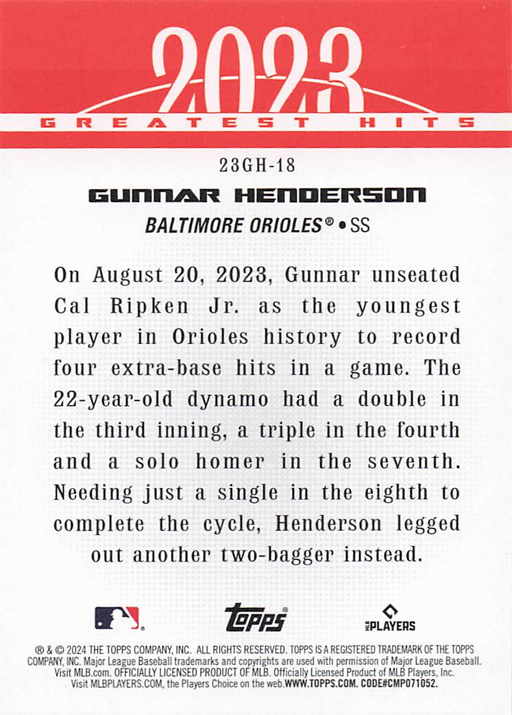 2024 Topps Baseball 2023 Greatest Hits Gunnar Henderson #23GH-18