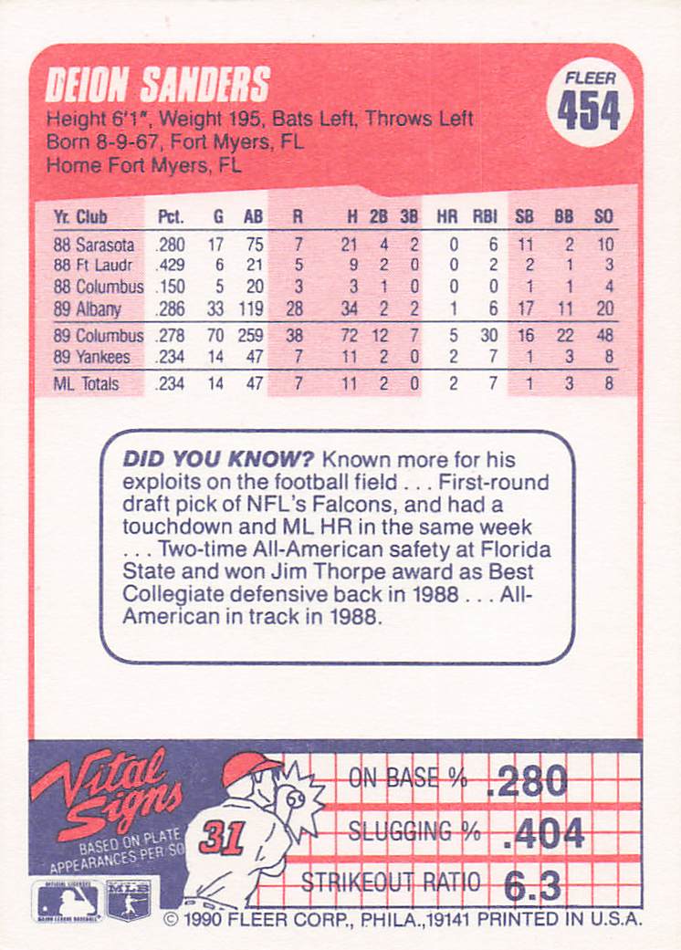 1990 Fleer Baseball Deion Sanders #454