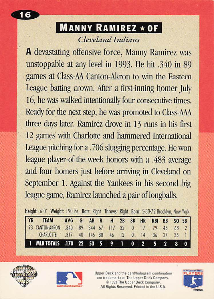 1994 Collector's Choice Baseball Manny Ramirez #16