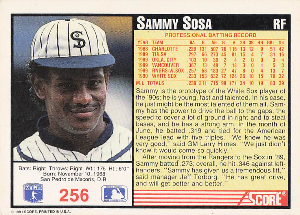 1991 Score Baseball Sammy Sosa #256