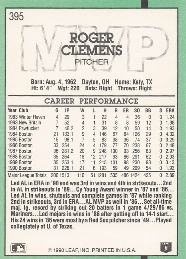 1991 Donruss Baseball Roger Clemens #395