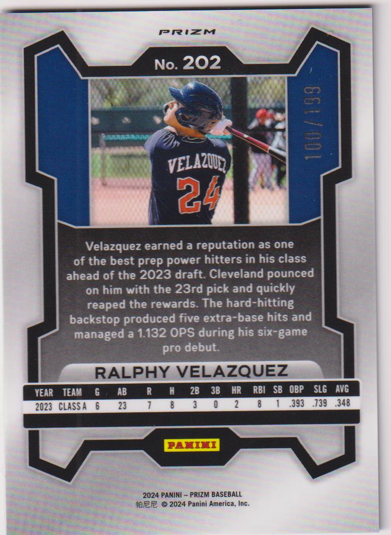 2024 Panini Prizm Baseball Blue Prizms 100/199 Ralphy Velazquez #202
