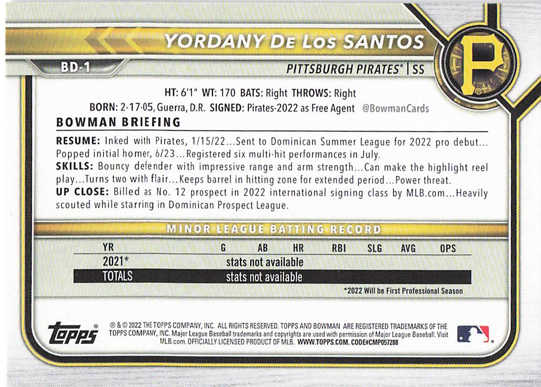 2022 Bowman Draft Baseball Yordany De Los Santos #BDC-1